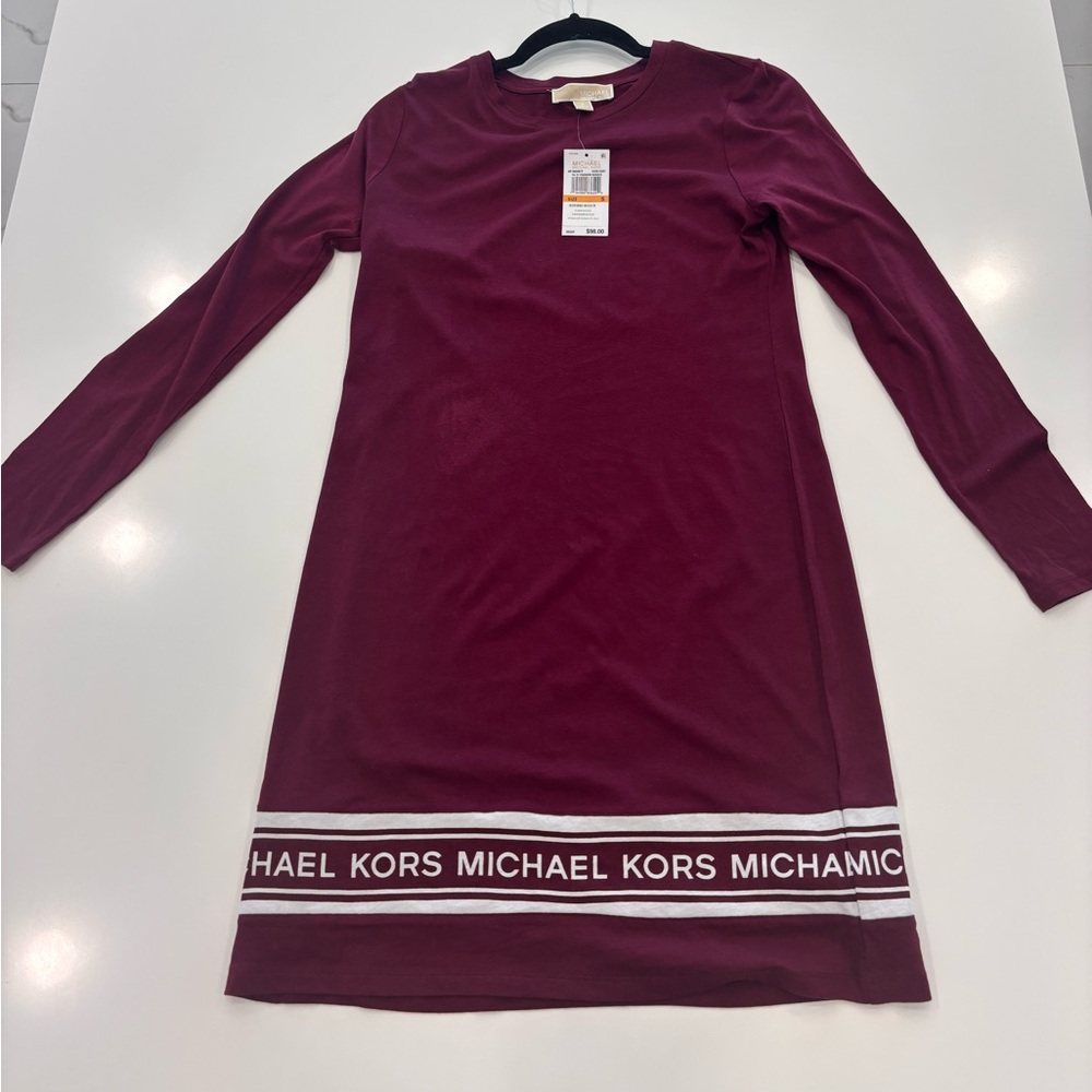 Michael Kors NWT Dark Burgundy Logo Long Sleeve T-Shirt Dress